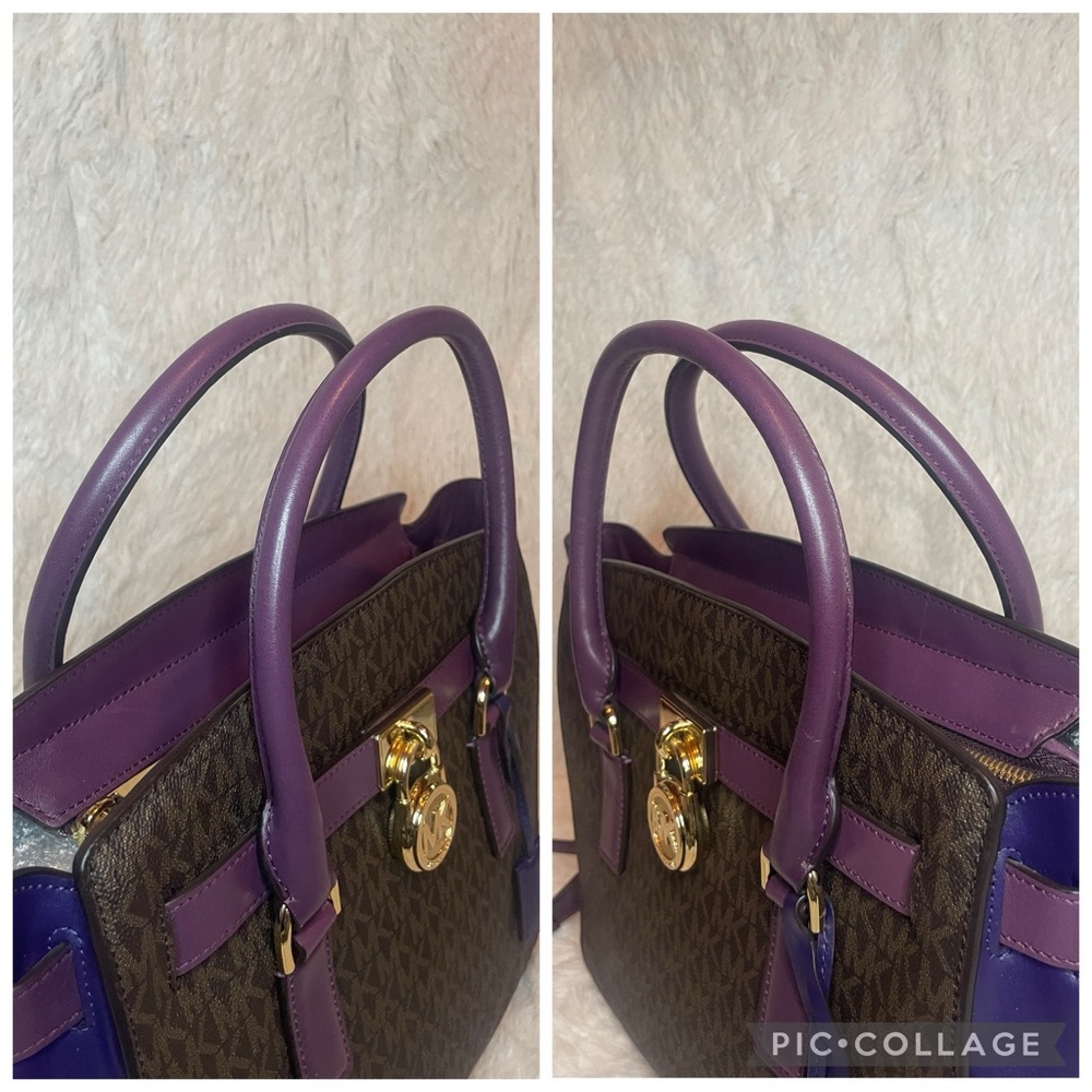 Michael Kors Hamilton Plum Violet Leather & Signature Monogram Canvas Satchel - Picture 8 of 17